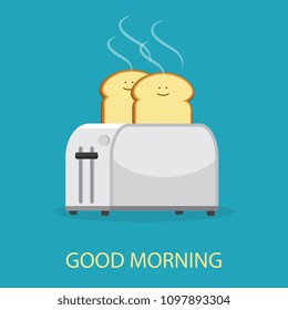Isolated on background. Vector illustration. Good morning concept. Toaster and bread toasts.