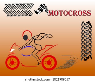 Isolated on a beige background, a motorcyclist and a motorcycle, a flag, a track from the tires and an inscription MOTOCROSS.