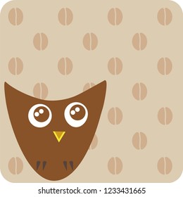 isolated on beige square geometric cute cartoon bird owl of brown color with decorative ornament coffee beans
