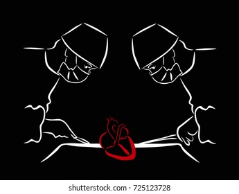 isolated on a black background silhouettes of two operating surgeons in dressing gowns and in medical masks.