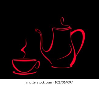 Isolated on a black background a teapot and a cup with hot coffee.