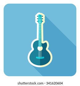 Isolated on blue acoustic guitar. Flat design. Vector illustration.