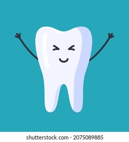 Isolated on a blue background white tooth with arms and legs. Children's tooth design. 