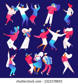 Isolated on blue backround dancing and playing musical instruments people in bright gradients in flat contemporary style