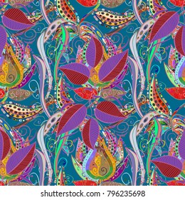 Isolated on blue, pink and neutral. Vector illustration. Seamless colorful pattern. Bright turquoise seamless pattern (tiling) with leaves, flowers, fern and branches.