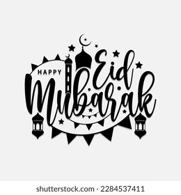 Isolated on calligraphy of happy eid mubarak vector illustration with black color hanging lantern moon and star stroke line.