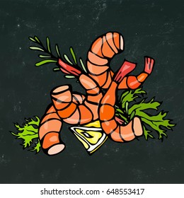 Isolated On Chalkboard Background Doodle Cartoon Vintage Hand Drawn Sketch. Cooked Shrimp or Prawn Cocktail, Herbs and Lemon.