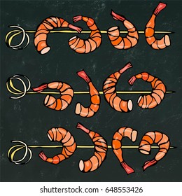 Isolated On a Chalkboard Background Doodle Cartoon Vintage Hand Drawn Sketch . Shrimp on Wood Stick, Prawn Kebab, Seafood BBQ, Canapes