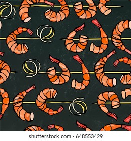 Isolated On Chalkboard Background Doodle Cartoon Vintage Hand Drawn Sketch . Seamless Shrimp on Wood Stick, Prawn Kebab, Seafood BBQ, Canapes