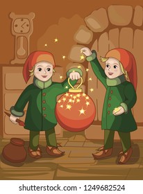 isolated on a colored background, the little Christmas elves in green jackets and red caps decorate the red Christmas ball