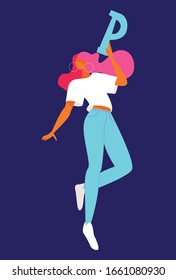 Isolated on dark blue background woman character with letter P holding in hands and dancing