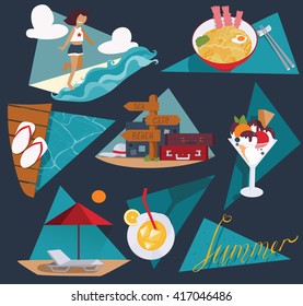 Isolated on dark blue vector illustration with set of summer vacation images. Happy girl and sea, ice cream, cocktail, cool noodle, flop flops and pointer with bags and suitcases, sunbed and umbrella.