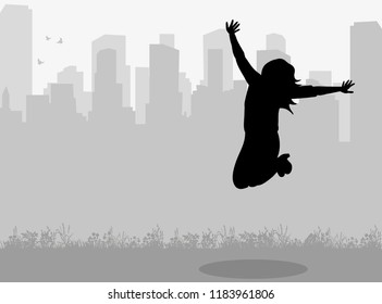  isolated on a gray city background, silhouette of a girl jumping