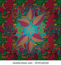 Isolated on green, orange and pink. Seamless colorful pattern. Vector illustration. Bright turquoise seamless pattern (tiling) with leaves, flowers, fern and branches.