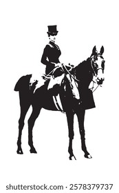 isolated on a light background is a graphic monochrome vintage image of a lady, a young woman in a female saddle riding a black horse