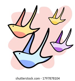 Isolated on a pink background, a colored birds with a long belly flies. 