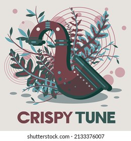 Isolated on a soft background of saxophone and leaves with rounded lines. Decorative flat doodle elements for design, vector illustration. Retro style, artistic style