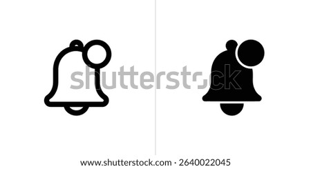 Isolated on a stark white backdrop are two notification bell icons. One has a black outline with a filled circle, while the other is solid black.