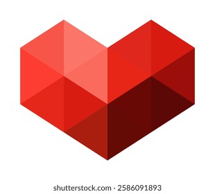 Isolated on transparent background geometric folded red paper volumetric origami heart for Valentine`s day. Vector illustration for collage, scrapbook EPS10