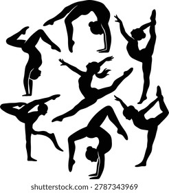 Isolated on transparent background are multiple black silhouette poses of female gymnasts executing dynamic and flexible acrobatic maneuvers