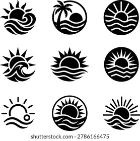 Isolated on transparent background are nine unique black vector icons depicting sun over waves and a tropical scene with a palm tree