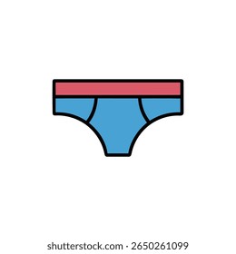 Isolated on a transparent background, a pair of simple blue underpants outlined in black with a horizontal red band at the top adds a splash of color.