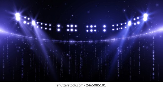 Isolated on transparent background. Set of bright spotlights. Vector bright stadium floodlights brightly illuminate sports games, concerts, shows, evening or night events. Vector 10 EPS