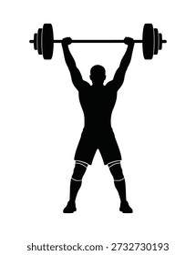 Isolated on transparent background silhouette of a muscular man lifting a heavy barbell overhead with both hands showcasing strength training and fitness active lifestyle and dedication to sports
