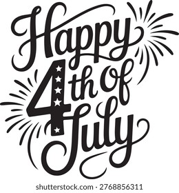 Isolated on transparent background this graphic features a handwritten Happy 4th of July with starfilled number four and firework elements