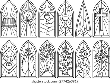 Isolated on transparent background are twelve arched stained glass window designs with religious and symbolic motifs including a bible candle chalice cross dove hands tree and olive branch
