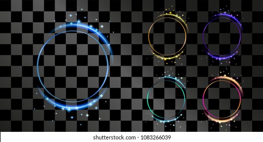 Isolated on transparent background vector illustration, shining frames are round, shiny with stars and glow in red, blue, green, purple and yellow.