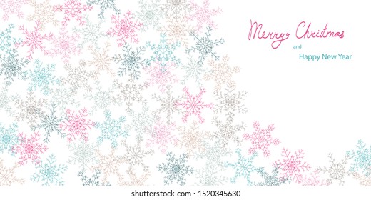 Isolated on transparent background vector Merry Christmas and Happy New Year greeting card template with snowflakes in pink, blue, grey, dark green and brown colors and lettering and place for message