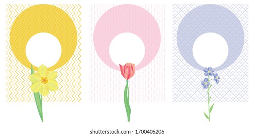 Isolated on transparent or white background vector card templates set with spring flowers, circle frames and geometric ornament