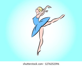Isolated on a turquoise background is a dancing ballerina in a blue dress.