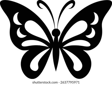 Isolated on a white backdrop, see the intricate details of a black butterfly silhouette with a unique wing pattern, a perfect illustration for graphic design projects.