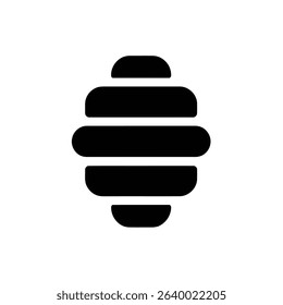 Isolated on a white backdrop is a simple black beehive-shaped graphic, featuring layered, rounded segments. This minimalist icon or design emphasizes clear, geometric abstraction.