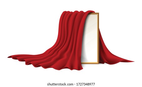  Isolated on white background. 3d realistic vector wooden picture frame covered with red velvet cloth.