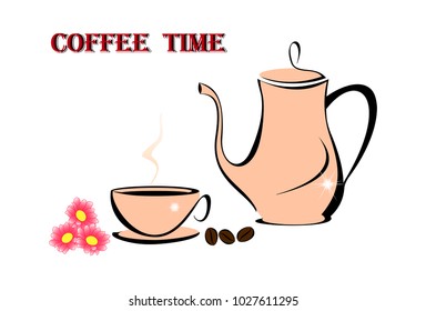 Isolated on white background beige teapot and cup of coffee, flowers, coffee beans and inscription TIME COFFEE.