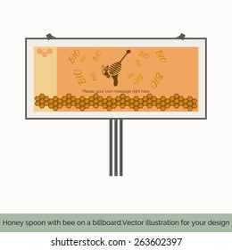 Isolated on white background, billboard depicted in the center sitting on a spoon of honey bee on a bright background behind the letters BIO below depicts a vertical pattern of honeycomb