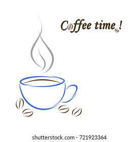 isolated on white background blue cup with coffee and coffee beans, over which is an inscription ...coffee time!