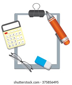 isolated on white background calculator eraser pen 
 paperwork and other items, top view
