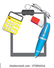 isolated on white background calculator eraser pen 
 paperwork and other items, top view
