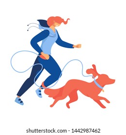 Isolated on white background cartoon flat woman running or jogging with red dog.  Concept illustration about love to pets and healthy lifestyle