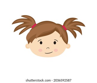 Isolated on white background cartoon face of a girl. Cute baby with two ponytails. Hand-drawn toddler. Vector illustration for children's projects, kindergarten, children, kids, elementary school.