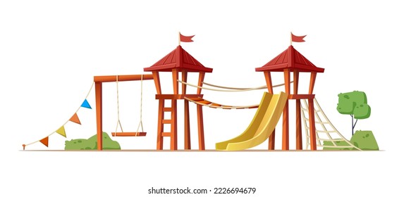 Isolated on white background. Cartoon style kids outside playground with slides, swings and castle.