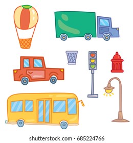 Isolated On White Background Cartoon Style Vector Set Of Recycle Trash Bin, Red Fire Hydrant, Street Light, Traffic Light, Yellow School Bus, Car, Lorry Truck Urban Town Attributes Elements Collection