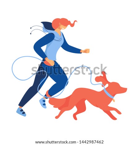 Isolated on white background cartoon flat woman running or jogging with red dog.  Concept illustration about love to pets and healthy lifestyle