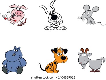 Isolated on white background are cartoony silhouettes of hippopotamus, dog, goat, pig, hare and mouse.