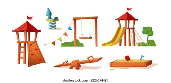 Isolated on white background. Collection of kids playground elements, slide, swing, castle, sand pit.