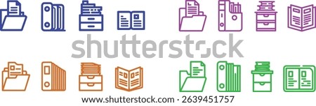 Isolated on white background. Collection featuring outlines of folders, binders, drawers, and document icons, rendered in blue, purple, orange, and green colors.